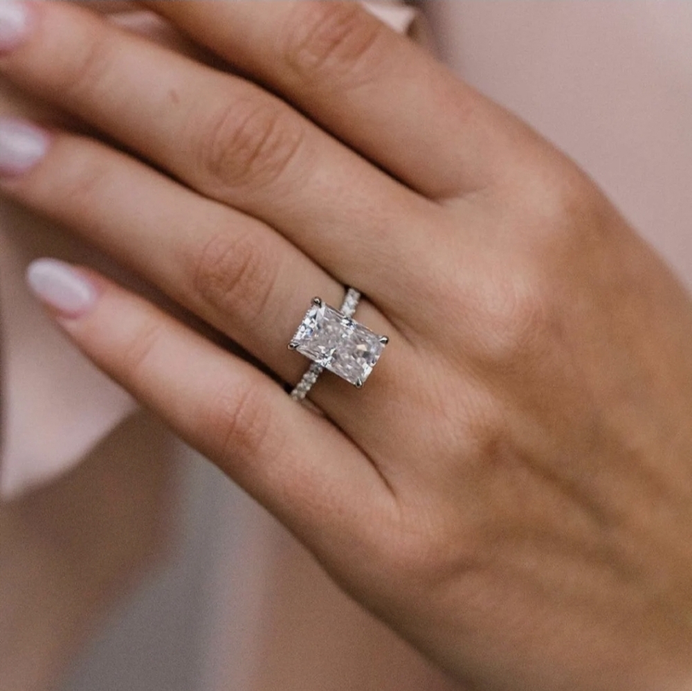 VVS1 Clarity D color 4.25 Ctw* Radiant Cut w Double Halo Moissanite Ring 6 US
